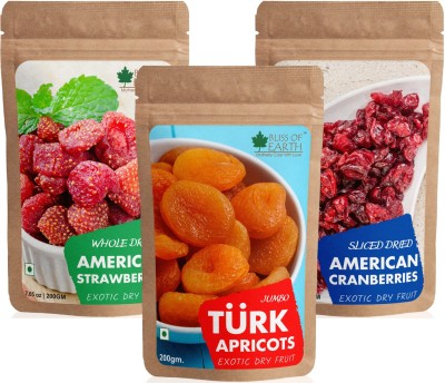 Bliss of Earth 200gm Dried American Strawberries+200gm Sliced American Cranberries+200gm Turkish Apricots Exotic Dry Fruit Healthy and Tasty Strawberries, Cranberries, Apricots(3 x 200 g)