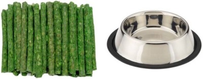 SAWAY Dog Rawhide Mint Munchy (Green) 1KG & Stylish Good Looking Dog Large Steel Bowl Mint Dog Chew(1 kg, Pack of 2)