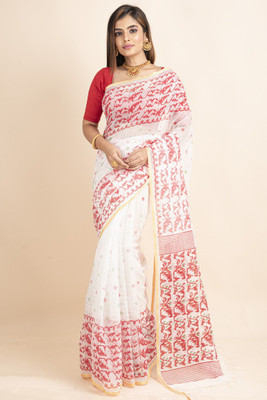 sourav biswas Solid/Plain Daily Wear Cotton Blend, Pure Cotton Saree(Red)