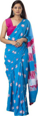 NIKHILAM Blocked Printed Bollywood Pure Cotton Saree(Light Blue)