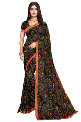 Kanooda Prints Printed Bandhani Georgette Saree(Black)