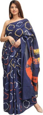 NIKHILAM Blocked Printed Bollywood Pure Cotton Saree(Dark Blue)