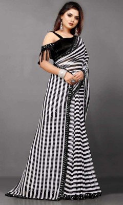 NESHVI ENTERPRISE Digital Print, Striped Bollywood Georgette Saree(White, Black)