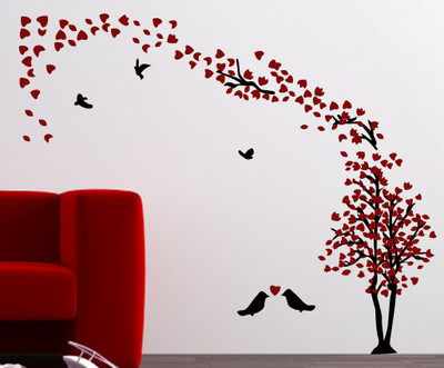 K2A Studio 93 cm loving birds couple with red tree 60 X 93 cm) Self Adhesive Sticker(Pack of 1)
