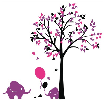 K2A Design 100 cm elephant playing under a colorful tree 104x100 CM) Self Adhesive Sticker(Pack of 1)