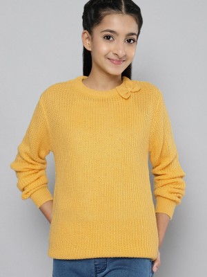 Justice Solid Round Neck Casual Girls Yellow Sweater