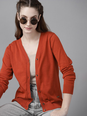 Roadster Solid V Neck Casual Women Brown Sweater