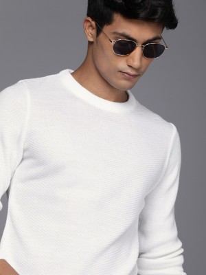 WROGN Striped Round Neck Casual Men White Sweater