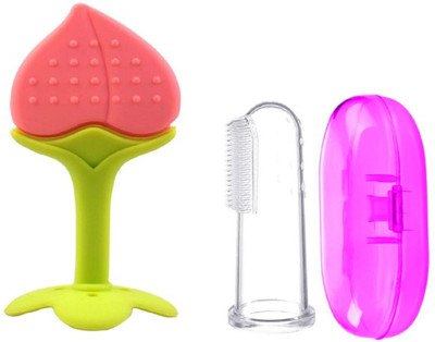 TINNY TOTS Premium Quality Fruit Shape Soft Silicone Teething Toys| Baby Textured Molar Teeth Soother Massage BPA Free Flexible Natural Silicone Teethers With Baby Silicone Finger Tooth Brush Teether Combo For Infants Dental Care Baby Teether For New Borns/Toddlers/Infants(PEACH) Teether(PEACH-PINK)