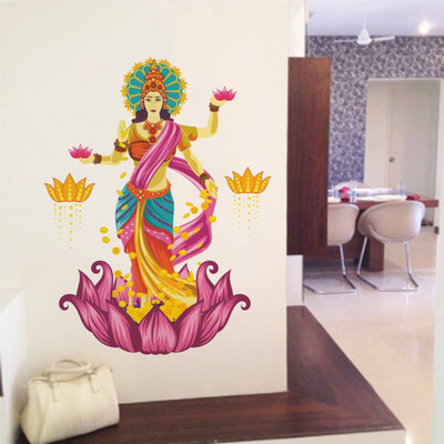 rawpockets 15 cm Goddess Lakshmi on Lotus Flower Blessing Gold Self Adhesive Sticker(Pack of 1)