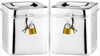 PIYU GIFT COMBO SQURE LOCK Piggy Banks Antique (Silver) (With Lock & Key ) Coin Bank(Silver)