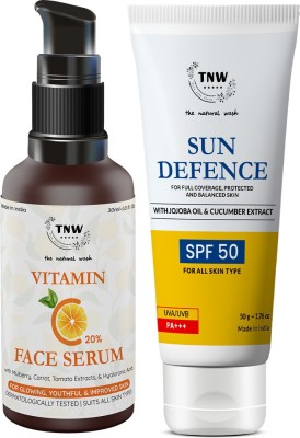 TNW - The Natural Wash Sun Defence Sunscreen SPF50 PA++ UVA/UVB Clinically Approved QUICK ABSORB | Made with Natural Ingredients(50g) with Vitamin C Face Serum|Skin Clearing|Skin Repair Face Serum & Face Brightening Vitamin C Serum Reduce hyperpigmentation & Dark Spots(30ml)(2 Items in the set)