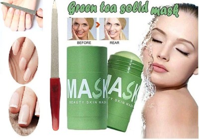 GFSU Skin facial green musk stick oil control green face mask stick whitening green tea purifying clay green mask stick With Stainless Double Sided File Buffer For Gentle Precise Nail Filer(2 Items in the set)