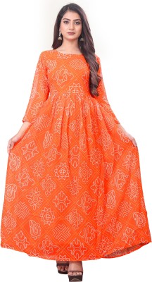 Rudra Fashion Mart Women Printed Gown Kurta(White, Orange)