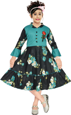 MAGNETE Girls Calf Length Casual Dress(Blue, 3/4 Sleeve)
