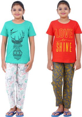 Cave Tree Kids Nightwear Girls Printed Cotton(Red Pack of 2)