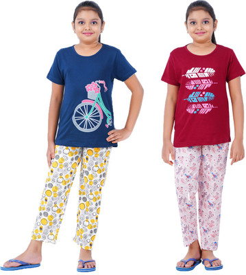 Cave Tree Kids Nightwear Girls Printed Cotton(Blue Pack of 2)