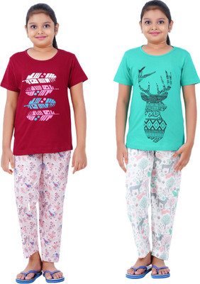 Cave Tree Kids Nightwear Girls Printed Cotton(Green Pack of 2)