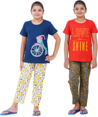 Cave Tree Kids Nightwear Girls Printed Cotton(Blue Pack of 2)