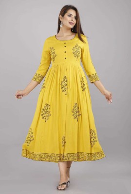 NeeraFashion Women Floral Print Anarkali Kurta(Yellow)