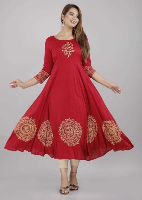 NeeraFashion Women Floral Print Anarkali Kurta(Red)