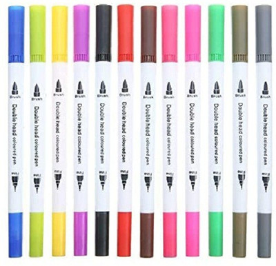 DEZIINE 12 Pcs Dual Tip Brush Marker Pens Fine Tip Markers & Brush Highlighter Pen for Bullet Journal Adults Colouring Book Note Taking Writing Planning Art Project(Set of 12, Multicolor)