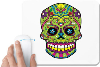 UDNAG White Mousepad 'Illustration | Green Red Sugar Skull' for Computer / PC / Laptop [230 x 200 x 5mm] Non Slip Base Mousepad(White)