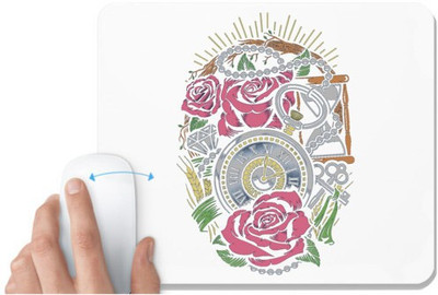 UDNAG White Mousepad 'Illustration | rose, clock, key' for Computer / PC / Laptop [230 x 200 x 5mm] Non Slip Base Mousepad(White)