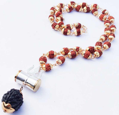 LETNIX Religious Jewelry silver damru with 5 mukhi rudraksha mala chain Gold-plated Plated Brass, Wood Chain Gold-plated Plated Brass Chain