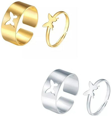 Vembley Combo Of 2 Silver and Golden Butterfly Matching Wrap Finger Couple Ring Alloy Gold Plated Ring Set
