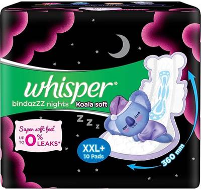 Whisper Bindazzz Nights Koala Soft Sanitary Pads, XX-Large+ Pack of 10 Napkins Sanitary Pad