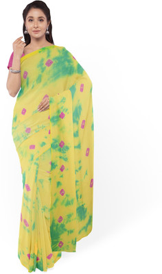 KHATRI AND SONS Color Block Bandhani Chiffon Saree(Yellow)