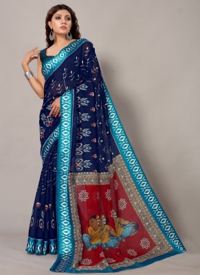 Aarrah Printed Bollywood Cotton Blend Saree(Red, Blue)