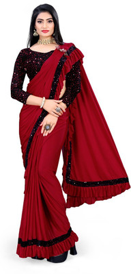 zoentik enterprise Solid/Plain Bollywood Lycra Blend Saree(Red)