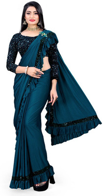 zoentik enterprise Solid/Plain Bollywood Lycra Blend Saree(Green)