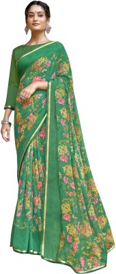 Pbs Prints Floral Print Assam Silk Silk Blend, Chiffon Saree(Green)