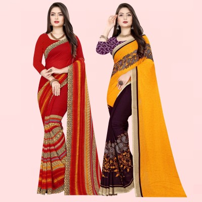 kashvi sarees Printed Daily Wear Georgette Saree(Pack of 2, Light Blue, Red)