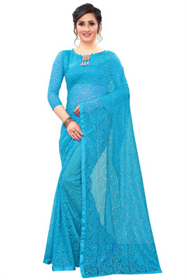 Croza Self Design Bollywood Net Saree(Light Blue)