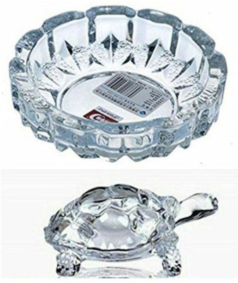 Ourlucky Crystal Glass Vastu and Feng Shui Turtle/Tortoise with round Plate Decorative Showpiece  -  12 cm(Crystal, Clear)