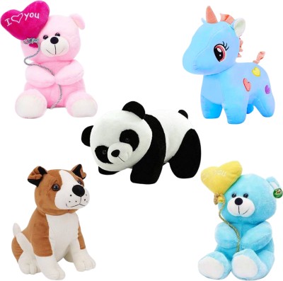 Toyhaven Exclusive combo of 5 adorable and lovely soft toys for kids and special occasions/ BULLDOG, PANDA, UNICORN and 2 TEDDY with 'I LOVE YOU' BALLOON / special stuffed toys for gifting and decoration  - 25 cm(Blue, Pink, Black, Brown)
