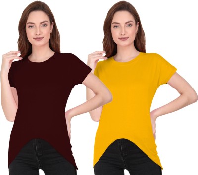 THE BLAZZE Solid Women Round Neck Maroon, Yellow T-Shirt