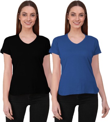 THE BLAZZE Solid Women Round Neck Dark Blue, Black T-Shirt