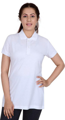JASNIT Solid Women Polo Neck White T-Shirt