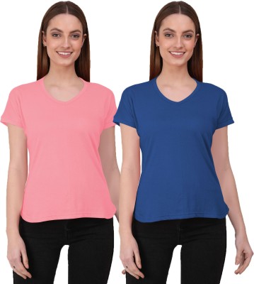 THE BLAZZE Solid Women Round Neck Dark Blue, Pink T-Shirt
