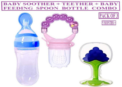 TINNY TOTS Baby Fruit Shape Silicone Teether Teething Toys Textured Molar Teeth Massager with Baby Silicone Spoon Feeding Bottle With Fresh Fruit Vegetable Food Feeder Soother Pacifier Combo (BLUE GRAPE) Teether and Feeder(BLUE GRAPE)