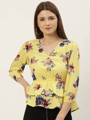 SLENOR Casual Floral Print Women Yellow Top