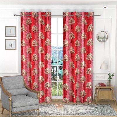Homefab India 152.4 cm (5 ft) Polyester Room Darkening Window Curtain (Pack Of 2)(Floral, Red)