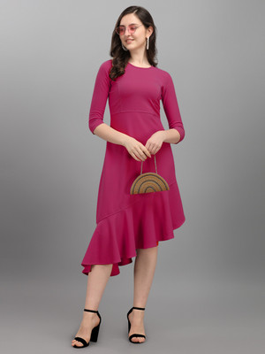 PURVAJA Women Asymmetric Pink Below Knee Dress