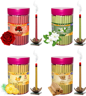 Shankh Rose, Mogra, Pineapple & Sandal (Chandan) Dhoop Stick (Incense Stick) Pack of 400 gram (100 + 100 + 100 + 100) Fragrances Rose, Mogra, Pineapple, Sandal (Chandan)(100 g, Set of 4)