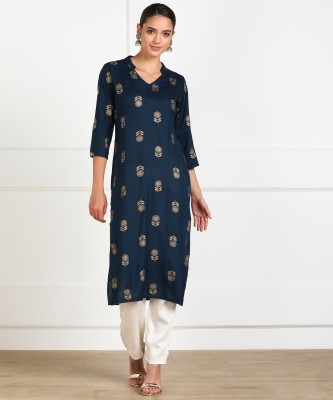 HANUMNTRA Women Floral Print Straight Kurta(Blue)